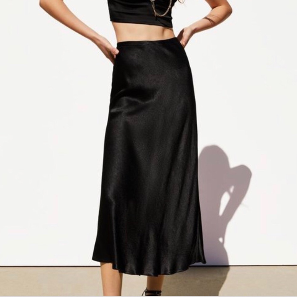 Zara black satin midi skirt